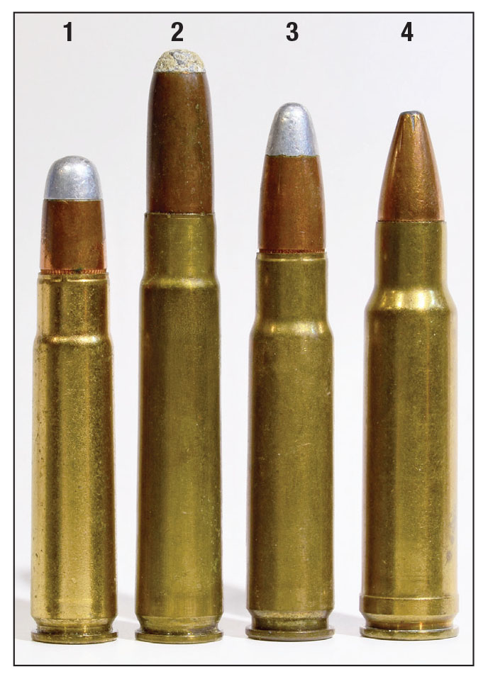 The medium bore, medium power class of cartridges, from left: (1) .35 Remington, (2) 9x56 M-S (Kynoch), (3) .358 Winchester and (4) .350 Remington Magnum. The 9x56 falls between the .35 Remington and .358 Winchester in power.